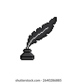 pixel feather and ink bottle  icon.  Vector pixel art feather 8 bit logo for game