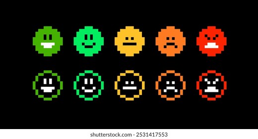 Pixel feedback rating emotions  icons in 8-bit retro video game style. Mood rank emoticons icons. Editable vector graphics