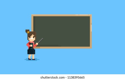 Pixel female teacher poiting at blank blackboard.8bit.