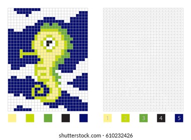 Pixel fich horse cartoon in the coloring page with numbered squares, vector illustration