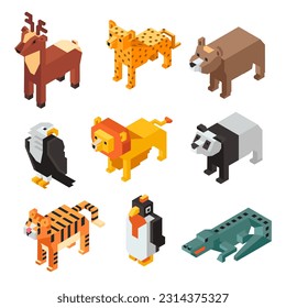 pixel figures of characters, isolated animals figurines. Isolated lion and cheetah, panda and crocodile, eagle and tiger, deer and bear. Cute personages plaything or toys. Vector in flat style