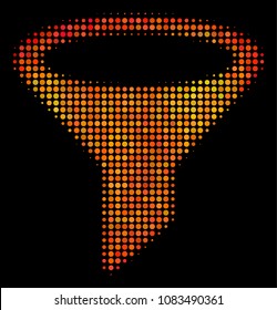 Pixel filter icon. Bright pictogram in hot color tones on a black background. Vector halftone collage of filter icon made with circle elements.