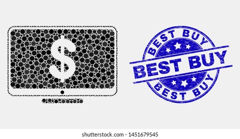 Pixel financial display mosaic icon and Best Buy seal. Blue vector round distress seal with Best Buy text. Vector composition in flat style.
