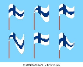 Conjunto de iconos de bandera de Finlandia de píxeles aislados sobre fondo blanco. Ondeando la bandera de Finlandia en estilo de gráficos retro de 8 bits de los años 80. Diseño en estilo pixel art para Anuncios y pósters. Ilustración vectorial