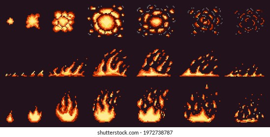 Pixel fire animation. Red hot flame, burning effect fire border and fiery explosion vector illustration set. Pixelated 8 bit game fire flames steps. Animation game pixelart 2d pixel, retro fire
