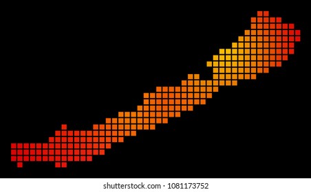 Pixel fire Balaton Lake Map. Vector geographical map in fire color shades on a black background. Vector pattern of Balaton Lake Map organized of square items.