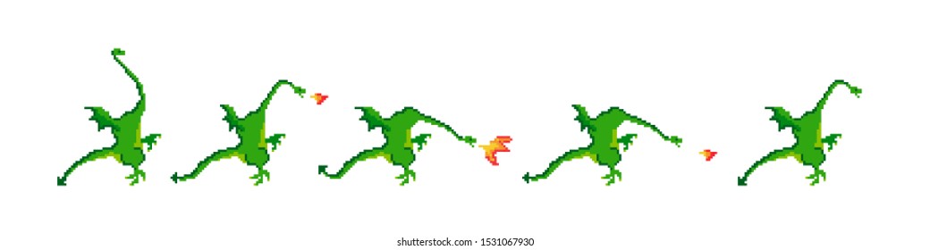 Pixel Fire breathing red dragon sprite animation for 16 bit retro game. Vector pixelated beast. Illustration of dragon 8 bit.