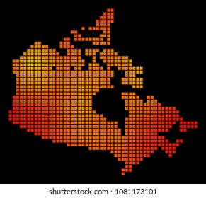 Pixel fire Canada Map. Vector geographical map in fire color tints on a black background. Vector pattern of Canada Map created of square small elements.