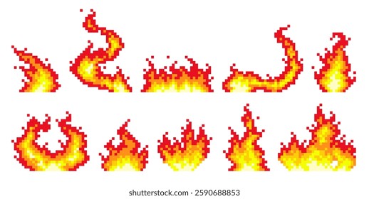 Pixel fire flames. 8 bit bonfire icons, retro arcade video games elements, burning effects, animation sprite frames, qualitative, orange red blaze objects, vector isolated set