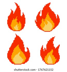 Pixel fire flames icons set. Old school computer graphic style. Pixel art 8 bit
