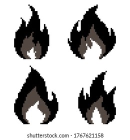 Pixel fire flames icons set. Old school computer graphic style