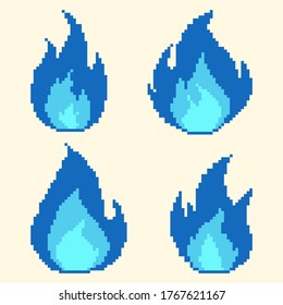Pixel fire flames icons set. Old school computer graphic style