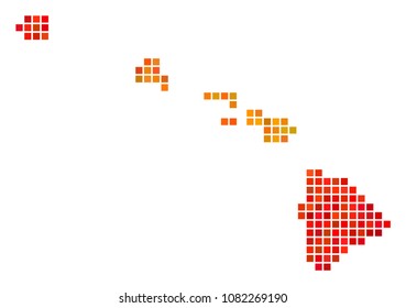 Pixel fire Havaii Islands Map. Vector geographical map in orange color shades on a white background. Vector collage of Havaii Islands Map designed of square pixels.
