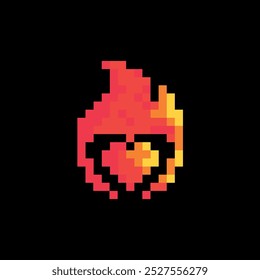 Icono del corazón del fuego del pixel con el concepto del diseño del Vector del degradado. Amor ardiente, llama, símbolo plano de hoguera en estilo de arte de píxeles sobre fondo negro.	