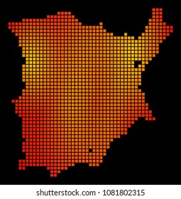 Pixel fire Koh Samui Map. Vector geographical map in bright orange color variations on a black background. Vector collage of Koh Samui Map constructed of square points.
