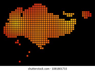 Pixel fire Singapore Map. Vector geographical map in fire color tinges on a black background. Vector pattern of Singapore Map composed of square elements.