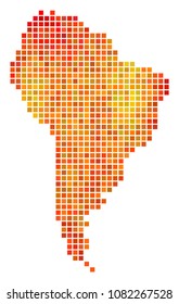 Pixel fire South America Map. Vector territory map in bright orange color tinges on a white background. Vector collage of South America Map organized of square dots.