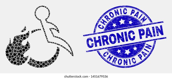 Pixel fired disabled person mosaic icon and Chronic Pain seal stamp. Blue vector rounded scratched seal stamp with Chronic Pain text. Vector composition in flat style.