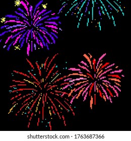 Pixel firework. Festive firework bursting. Pixel art 8 bit.