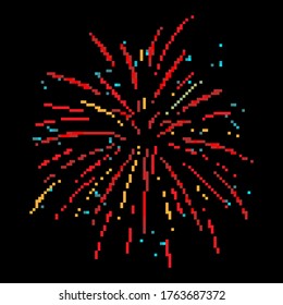 Pixel firework. Festive firework bursting. Pixel art 8 bit.