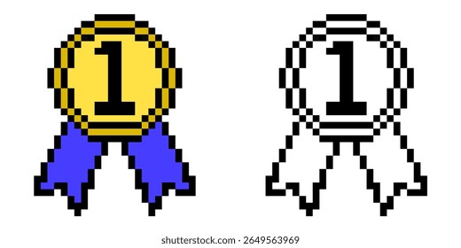 Pixel first medallion vector, a retro-style award for top achievement. Ideal for gaming, digital recognition, or nostalgic designs celebrating initial success and victory.