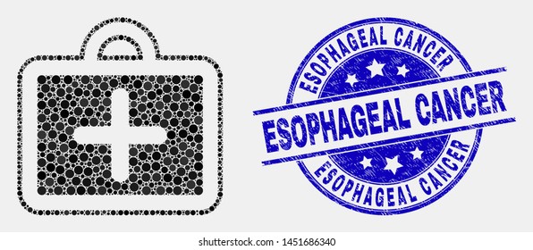 Pixel first-aid case mosaic icon and Esophageal Cancer seal stamp. Blue vector rounded scratched seal stamp with Esophageal Cancer message. Vector combination in flat style.
