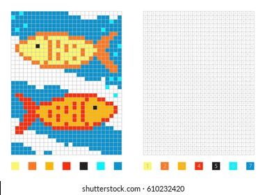 Caricatura de peces Pixel en la página de colorear con cuadrados numerados, ilustración vectorial