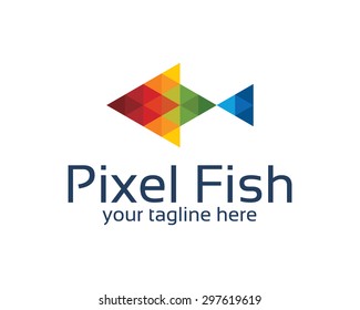 Pixel fish logo design with triangle style. Abstract colorful pixel fish symbol vector.