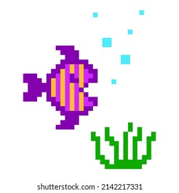 Pixel fish in seaweed. Game location. Underwater life. Vector illustration. stock image. 