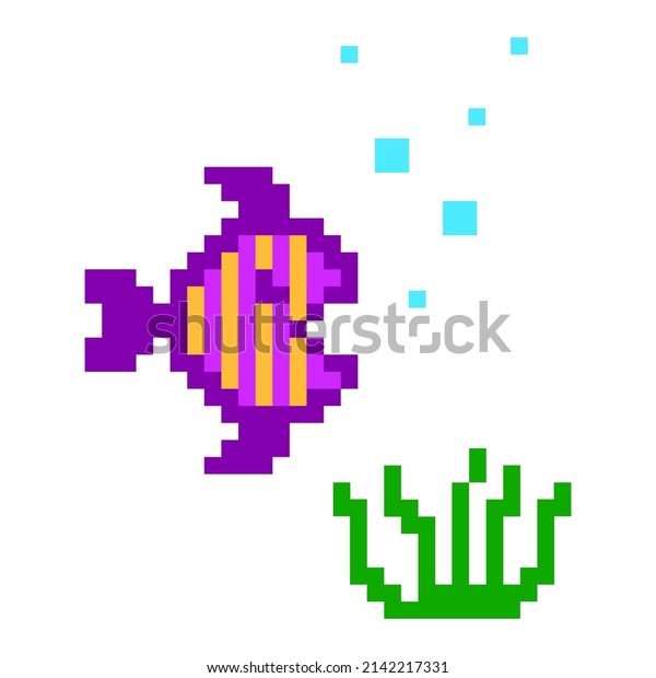 Pixel Fish Seaweed Game Location Underwater: เวกเตอร์สต็อก (ปลอดค่า ...