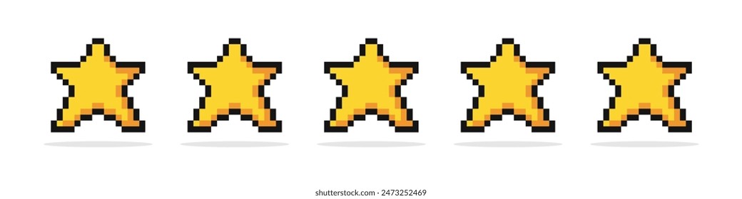 Píxel cinco estrellas. Pixelated cinco estrellas Cliente evaluación de calificación de productos. Amarillo aislado cinco estrellas. Cliente Comentarios. Vector 5 estrellas evaluación.