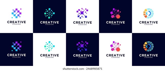 pixel flake logo set, digital science, electrical connection, logo design vector.