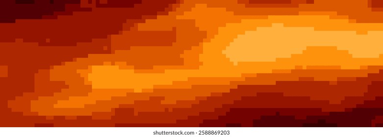 Pixel flame bg in retro 8 bit game style. Gradient background with square pattern of fira wall or sunset clody sky