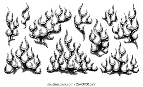 Pixel flame elements in bitmap halftone style with retro Y2K aesthetic. Set of monochrome vector elements with 3d chrome effect and grainy texture. High-contrast shapes with bold edgy design