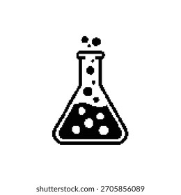 Arte de frasco de píxeles. Experimento de química en estilo blanco y negro.
