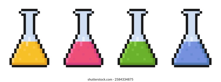 pixel flask set of objects, glass bottle, vial, design element, biology, science, school, old arcade game item, sticker, elixir, magic, vector illustration