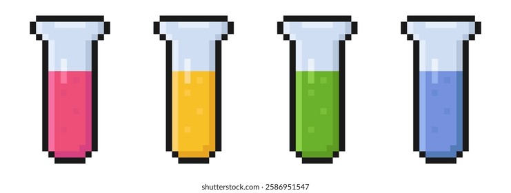 pixel flask set of objects, vial, design element, biology, science, school, old arcade game item, sticker, elixir, magic, red, yellow, green, blue, vector illustration
