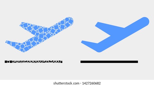 Pixel and flat airplane takeoff icons. Vector mosaic of airplane takeoff constructed of randomized rectangle elements and circle elements.