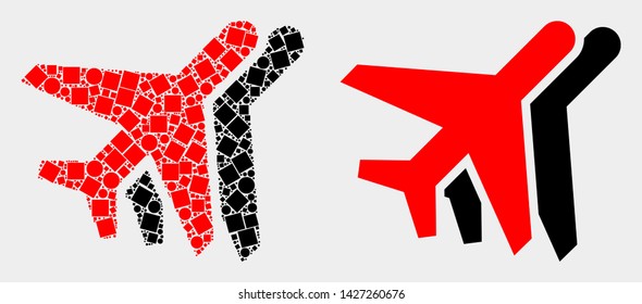 Pixel and flat airplanes icons. Vector mosaic of airplanes formed of randomized square pixels and round pixels.