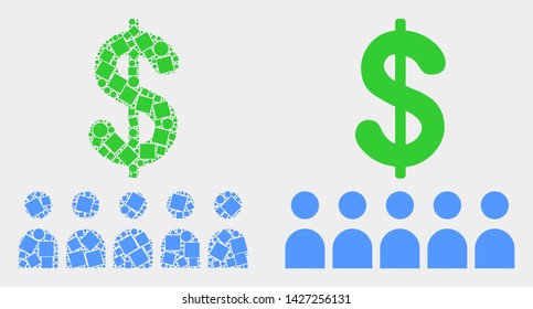 Pixel and flat bank clients icons. Vector mosaic of bank clients organized of irregular square elements and spheric items.