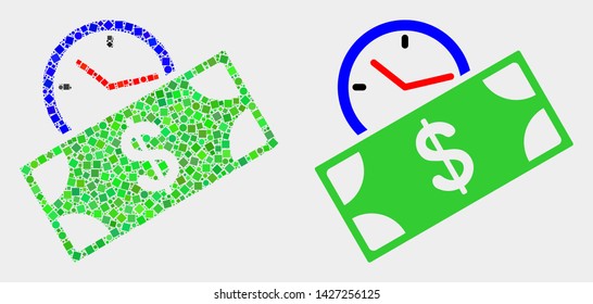 Pixel and flat banknote credit time icons. Vector mosaic of banknote credit time created of randomized square pixels and spheric pixels.