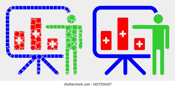 Pixel and flat bar chart presentation icons. Vector mosaic of bar chart presentation designed of randomized square dots and round dots.