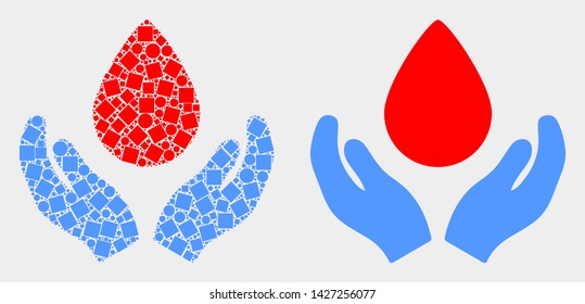 Pixel and flat blood care hands icons. Vector mosaic of blood care hands constructed of randomized dots and spheric dots.