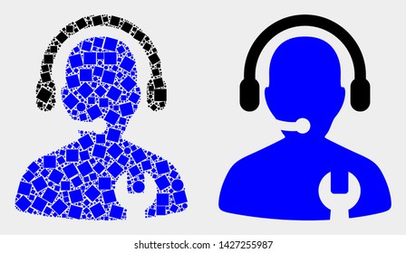 Pixel and flat call center serviceman icons. Vector mosaic of call center serviceman designed of irregular square elements and spheric elements.