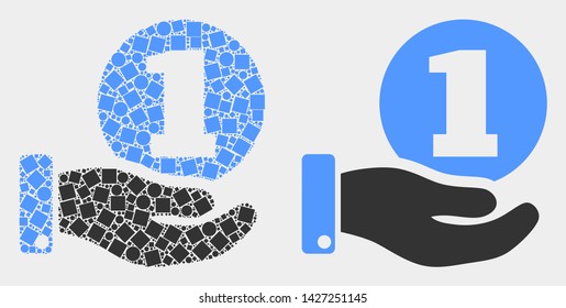 Pixel and flat coin donation hand icons. Vector mosaic of coin donation hand constructed of irregular rectangle elements and round elements.