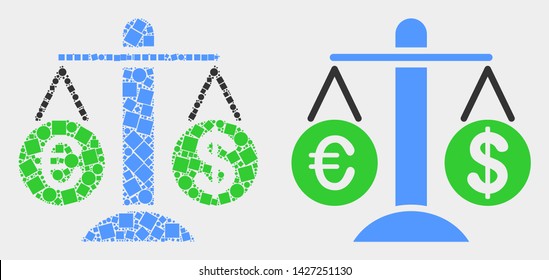 Pixel and flat compare euro dollar icons. Vector mosaic of compare euro dollar designed of random square elements and round pixels.
