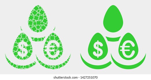 Pixel and flat currency deposit eggs icons. Vector mosaic of currency deposit eggs constructed of irregular rectangle elements and round pixels.