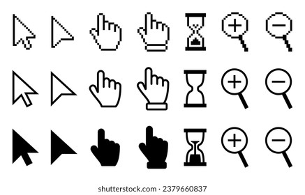 Pixel and flat cursor or computer mouse pointer icons set. Different mouse cursors - arrows, hand click pointers, magnifier and hourglass. Pixel and flat style design. Vector illustration.