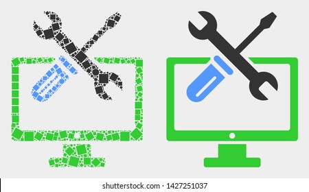 Pixel and flat desktop options icons. Vector mosaic of desktop options formed of scattered square dots and round dots.