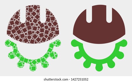 Pixel and flat development helmet icons. Vector mosaic of development helmet designed of randomized rectangle elements and round elements.